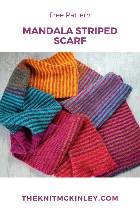 This free pattern shows you how to knit a unique striped scarf using two balls of Lion Brand Mandala yarn. You can use two balls of the same colorway or two coordinating colorways to create your own unique scarf. This beginner friendly knitting pattern is intended to be easy and simple to follow. It's also budget friendly - you can pick up two balls of yarn for under $12! Mandala Knitting Patterns Free, Striped Scarf Knitting Patterns Free, Knitted Striped Scarf, Simple Scarf Knitting Pattern, Striped Scarf Knit Pattern, Scrap Yarn Scarf, Striped Scarf Pattern, Sock Yarn Scarf, Mandala Yarn Knit Scarf For Beginners