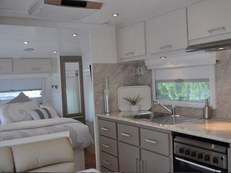 modern caravan renovation ideas home - Google Search Renovated Caravans, Camper Supplies, Remodeled Rv, Caravan Interiors, Caravan Vintage, Caravan Living, Rv Decorating, Camper Remodeling, Vans Vintage