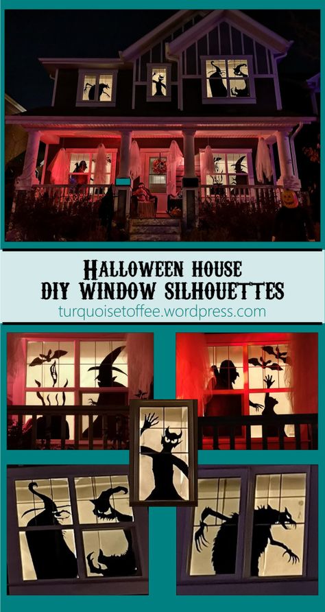 Halloween House DIY Window Silhouettes – turquoise toffee Best Halloween House Decorations, Halloween House Outside Decoration, Cool Halloween House Decorations, Thanksgiving Window Decorations Diy, Spooky Silhouettes Halloween Window, Spooky Window Decor, Spooky Window Silhouettes, Diy Halloween Decorations Window, Window Halloween Silhouettes