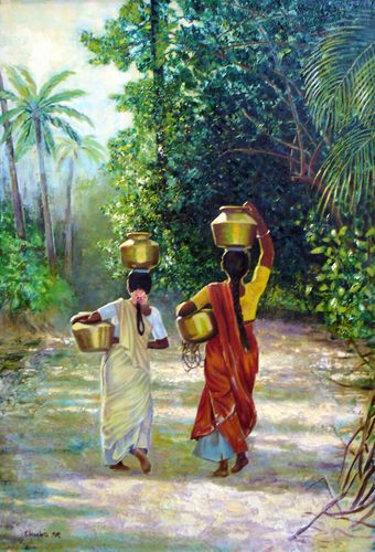 South Indian Paintings, Indian Drawing, Deco Jungle, India Painting, Indian Women Painting, Indian Illustration, Scene Drawing, Art Village, Indian Painting