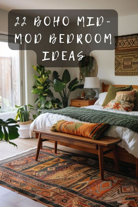 Looking to update your bedroom with a blend of bohemian and mid-century modern styles? Check out these 22 stunning ideas that perfectly marry the two aesthetics. From vibrant textiles to sleek furniture, find inspiration to transform your space. Click to explore the ultimate boho mid-mod bedroom makeover. 🛏️✨ #BohoBedroom #MidCenturyModern #HomeDecor #InteriorDesign #BedroomInspiration Boho Indian Home Decor, Boho Modern Bedding, Modern Boho Bedroom Furniture, Bohemian Guest Room, Mid Century Modern Dark Bedroom, Minimal Bohemian Bedroom, Mid Century Bedroom Ideas Master, Mcm Bedroom Ideas Decor, No Furniture Bedroom