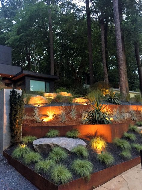 Garden Terracing Ideas, Corten Steel Terraced Garden, Terraced Landscaping Front Yard, Landscape Design Retaining Wall, Modern Terrace Garden Design, Terraced Retaining Wall, Entrance Landscape Design, Corten Steel Retaining Wall, Lawn Free Yard