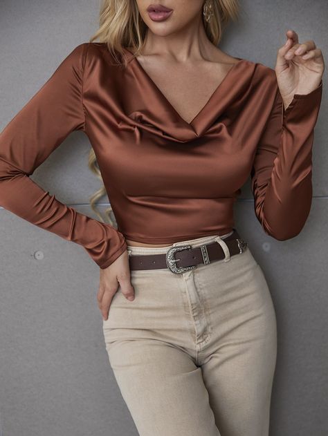 Satin Tops Blouses Long Sleeve, Rust Brown Outfit, Satin Tops Blouses, Satin Top Outfit, Blouses Long Sleeve, Women Lace Blouse, Statement Blouse, Soiree Dress, Split Sleeve