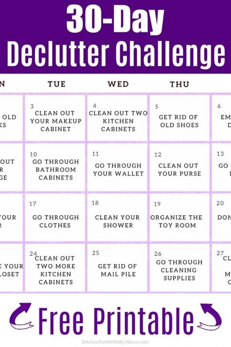 30-Day Declutter Challenge - get your home decluttered once and for all. #organize #home #declutter One Hour Declutter Challenge, Declutter Calendar, Decluttering List, Homemade Turtles, Uses For Dryer Sheets, Messy Home, Minimalism Challenge, Check Lists, Cleaning Challenge