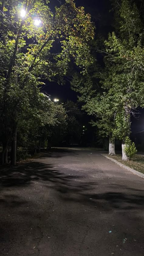 Woods Night Aesthetic, Night Street Aesthetic, Streets At Night Aesthetic, Street Lights At Night, Abandoned Places Aesthetic Night, Nighttime Park Aesthetic, Night Road Lights Aesthetic Video, Fall Landscape Photography, Sky Photography Nature