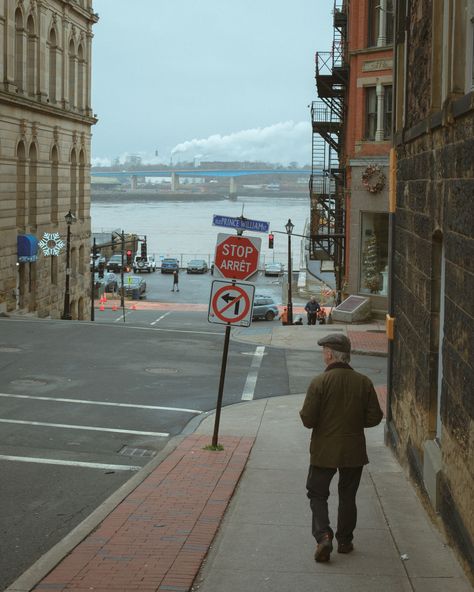 Man walking down a street in Saint John, New Brunswick, Canada Saint John New Brunswick, New Brunswick Canada, Rail Transport, Hotel Motel, White Car, Saint John, Posters Framed, City Car, New Brunswick