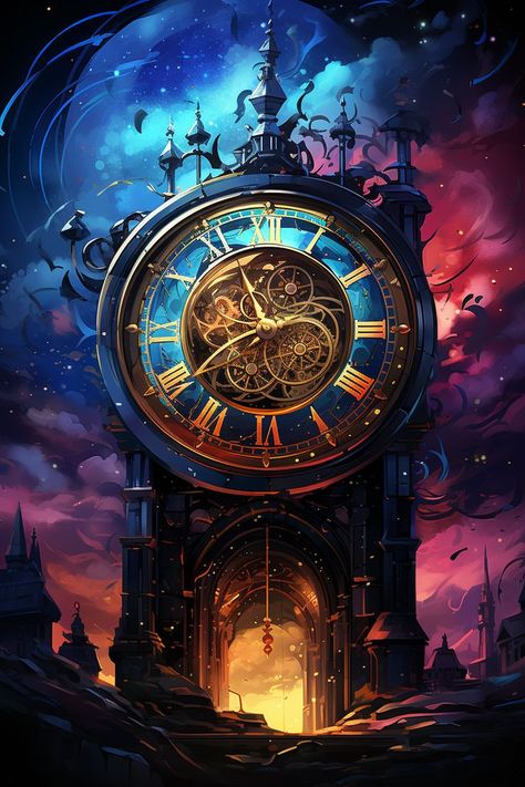 Fantasy Clock Tower, Celestial Clock, Fantasy Clock, Steampunk Wallpaper, Wallpaper Fantasy, Landscape Digital Art, Carnival Lights, Art Niche, Fantasy Architecture