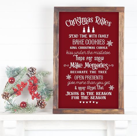 Our wood signs are a perfect addition to any farmhouse/rustic home decor. The Christmas Rules Sign looks great for hanging or shelf-sitting. It is made of wood with vinyl writing text. The frame is stained in Roanoke color. Measurements: W 20" x H 33" At our workshop, we specialize in crafting unique, made-to-order signs. Please note that each sign is one-of-a-kind and may feature knots, blemishes, or grain patterns unique to that particular piece of wood. Additionally, the colors of the sign ma Christmas Rules, Christmas Wood Signs, Writing Text, New Grandparent Gifts, Christmas Wooden Signs, Fav Products, Sign Wall Decor, Christmas Signs Wood, Inspirational Signs