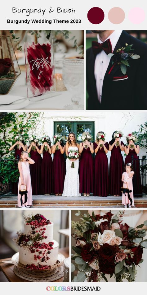 Best 8 Burgundy Wedding Theme Color Combos for 2023 - ColorsBridesmaid Cabernet And Blush Wedding, Burgundy Light Pink Wedding, Wine Red And Silver Wedding, Maroon Fall Wedding Decor, Bordeaux Wedding Theme, Red Navy Blue And Black Wedding, Wedding Ideas White And Black, Groom Suit Burgundy Wedding Colors, Burgundy Ivory Wedding