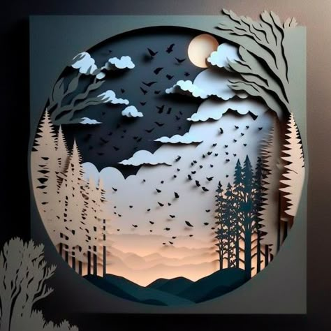 Transparent Paper Craft, Papercut Landscape, Paper Layer Art, Paper Shadow Box Art, Paper Layering Art, Origami Landscape, Layered Papercut Art, Paper Sculpture Art, Paper Mountains