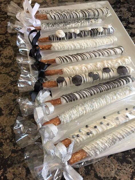 Black/White Wedding Chocolate Covered Pretzel Rods1 | Etsy Silver Bridal Shower Ideas, Wedding Pretzels, White Pretzels, Chocolate Pretzel Rods, White Silver Wedding, White Chocolate Covered Pretzels, Chocolate Covered Pretzel, Pop Cakes, Chocolate Covered Pretzel Rods