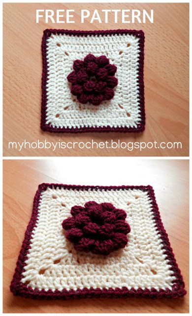 Dahlia in a square- Granny Square Free Crochet Pattern with photo tutorial Crocheting Squares, Crochet Square Pattern, Sunburst Granny Square, Granny Square Tutorial, Popcorn Stitch, Crocheted Flowers, Crochet Blocks, Crochet Square Patterns, Granny Squares Pattern