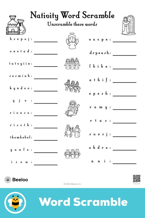 Advanced nativity-themed word scramble for kids ages 10 and up Nativity Word Scramble, Nativity Escape Room Free, Nativity Activities For Kids, Basic Doodles, Word Scramble For Kids, Nativity Activity, Bible Trivia Games, Bible Trivia, Children Church