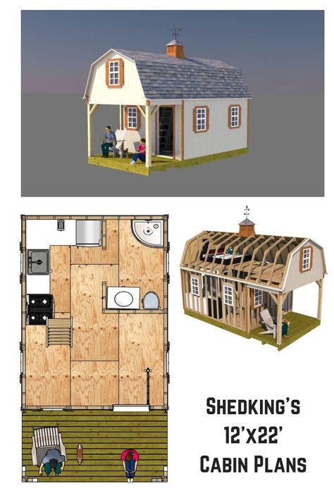 Build a neat cabin in the wilderness with these 12x22 barn shed plans.  Living space on the first floor is 12x16, 6' front porch, and 12x22 huge loft area for everyone's sleeping area.  You can also use the plans to build your tiny house, backyard home office, workshop, craft studio, shedhome, or grandparents bungalow. Shed Tiny House, Small Cabin Plans, Shed House Plans, Shed Cabin, House Plan With Loft, Loft Plan, Diy Cabin, Shed Home, Shed To Tiny House