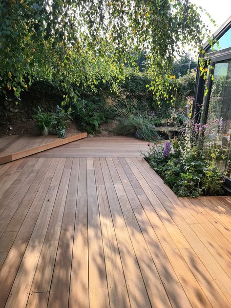 Larch Decking Ideas, Hardwood Decking Ideas, Scandinavian Deck Ideas, Wooden Decking Ideas Garden, Timber Decking Ideas Outdoor, Wooden Decks Ideas Outdoor Patios, Small Decking Area, White Wood Deck, Garden Floor Ideas