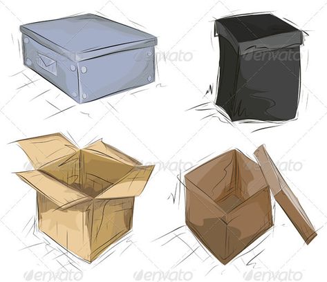 Hand Drawn Cardboard Boxes Open Box Drawing, Sketch Cube, Box Sketch, Table Sketch, Object Illustration, Sketch Style, Sketch A Day, Pencil Boxes, Mini Canvas Art