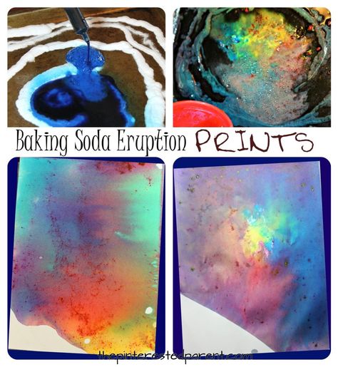 Baking soda and vinegar eruption prints - science and art combine for this pretty process art. Messy painting, arts and crafts for kids Kids Baking, Messy Crafts, Messy Art, Baking With Kids, Kid Activities, Process Art, Preschool Art, Science Art, Crafts For Teens