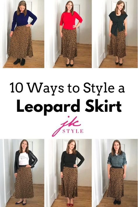 I'm sharing 10 ways to style this leopard (or cheetah) print skirt. Find out why it's the perfect addition to your fall wardrobe. #fallfashion #leopardprint #howtowear #outfitideas How To Style Animal Print Skirt, Leopard Print Skirt Outfit Work, Leopard Skirt Outfit Work, Printed Pleated Skirt Outfit, Printed Maxi Skirt Outfit, Skirt Outfits Dressy, Leopard Skirts, Animal Print Skirt Outfit, Leopard Print Skirt Outfit