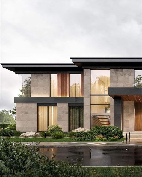 Industrial Modern House Exterior, Modern House Extension, Modern California Home Exterior, Ceramic Facade Architecture, Villa Exterior Design Modern, Houses With Stone Accents, Modern Exterior Windows, Wood Cladding Exterior Modern, Luxury House Facade