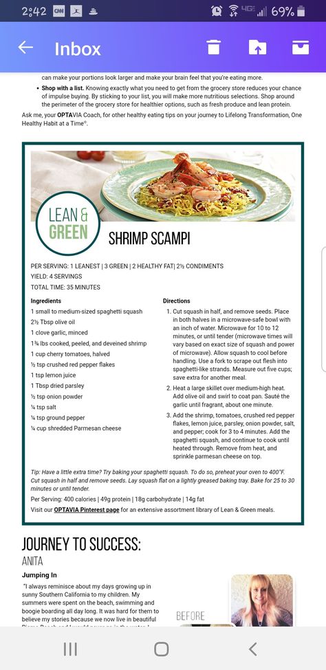 Shrimp scampi Optavia Shrimp, Shrimp Scampi Foil Packets, Optavia Lean And Green, Shrimp Scampi Recipe, Scampi Recipe, Lean And Green, Green Meals, Lean And Green Meals, Green Recipes