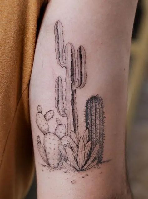 Cactus Tattoo Symbolism: A Guide To Their Meanings Nature Tattoos Small Simple, Cactus Tattoo Women, Desert Leg Sleeve Tattoo, Cactus Tattoo Meaning, Desert Plants Tattoo, Cactus Arm Tattoo, Flower Cactus Tattoo, Desert Plant Tattoo, Desert Sleeve Tattoos For Women