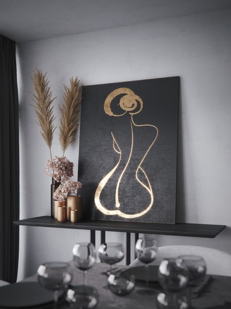 تابلو Paintings With Gold Paint, Gold Painting Ideas, Long Canvas Art, Women Silhouette Art, Cool Line Art, Black And Gold Art, Decor Paintings, Gold Abstract Painting, Gold Art Painting