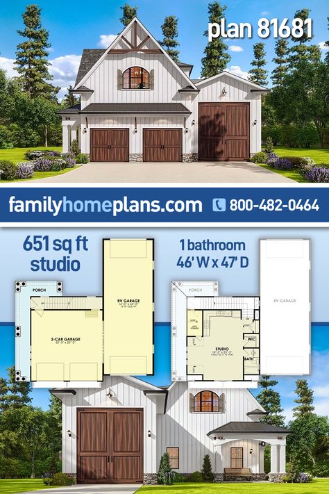 RV Garage Studio Construction Plan 81681 has 1,326 square feet of garage space and a 651 square foot studio upstairs. The exterior has storybook charm with white vertical siding, stone, arched windows, board and batten shutters, and decorated gables. Choose a warm tone stain to finish the garage doors and give it a carriage house appearance. This new garage-living plan will add value to your property because of the additional living and storage space. Rv Carriage House Plans, Garage Dominion, Rv Storage With Living Quarters, Garage With Living Quarters Floor Plans, Boat Garage Ideas, Rv Garage With Living Quarters, House Appearance, Rv Port, Rv Garage Plans