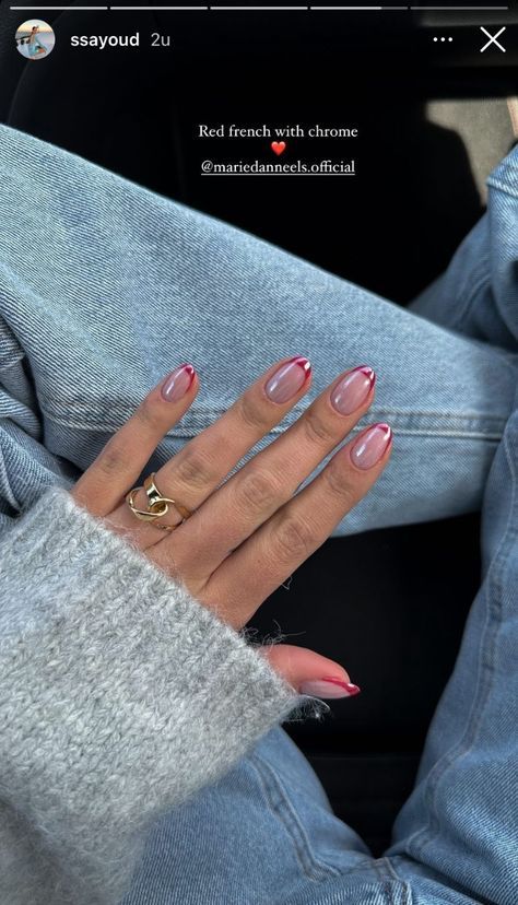 Nail Inspo That Goes With Everything, Very Short Chrome Nails, Ice Chrome Nails, Red French Nails Chrome, Almond Nails Glitter Tip, Red French With Chrome, Chrome Red French Tip, Red Nails With Chrome Powder, Chrome Over Glitter Nails