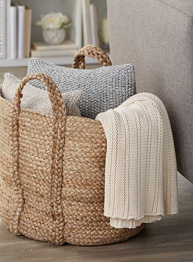 Exclusively from Simons Maison     We love the chic rustic natural look of jute woven in a practical rounded shape with handles   Large size perfect for storing throws, cushions or towels in the bathroom Blanket Baskets, Living Room Blanket, Humble Design, Babe Cave, Interior Vintage, Blanket Basket, Kitchen Renovations, Woven Baskets, Room Couch