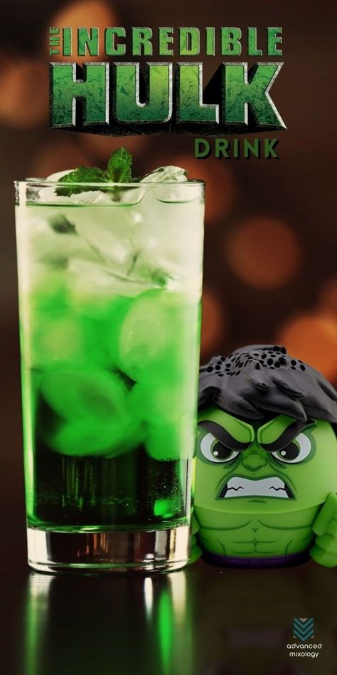 Despite what seems to be an intimidating name, this eye-catching drink is easy to make with only three ingredients needed. The usual Incredible Hulk drink recipe calls for equal parts of Hpnotiq liqueur and cognac, but sometimes it only results in a golden brown color rather than the intended green. To achieve that radioactive green color, some people like to add a little more Hpnotiq. incredible hulk drink, how to make an incredible hulk drink Incredible Hulk Drink, Hulk Drink, Golden Brown Color, Drink At Home, Creative Cocktails, Mix Drinks, Unique Drink, The Incredible Hulk, Creative Cocktail