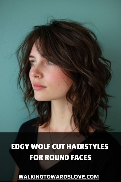 Edgy wolf cut hairstyle for a woman with a round face. Text reads, "Edgy Wolf Cut Hairstyles for Round Faces. walkingtowardslove.com". Wolf Haircut Fine Hair, Style A Wolf Haircut, Wolf Cut With Long Bangs, Wolf Cut Hair No Bangs, Medium Wolf Cut Women, Wolf Cut For Round Face Shape, Round Face Shag Haircut, Wolf Cut Hair With Bangs, Wolf Cut On Short Hair