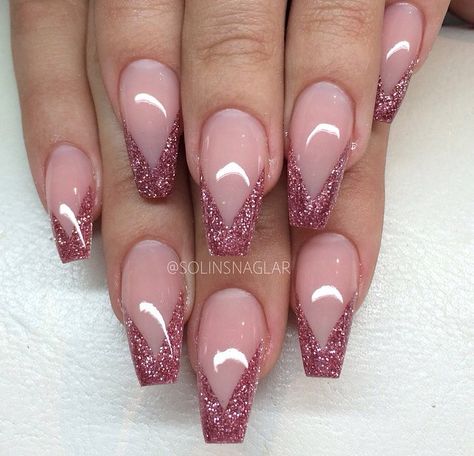 Dusty Rose French Tip Nails, Glitter Pink French Tip Nails, French Manicure Pink Tips, Pink Sparkle French Tip Nails, Shape Of Nails, Prom Nails French, Pink Tip Nails, Pink French Nails, Pink French Tip