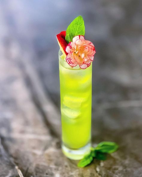 https://www.instagram.com/whats.marisa.drinking?igsh=MWF4eG9uY2pldDBubw== Peach Garnish, Muddled Basil, Basil Flower, Basil Smash, Bellini, Liqueur, Lemon Juice, Syrup, Gin