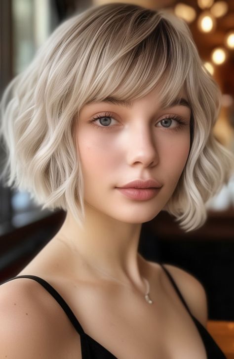 Wavy Blonde French Bob with Curtain Bangs Blonde French Bob With Fringe, French Bob With Curtain Bangs, French Bob Blonde, Blonde French Bob, Light Blonde Bob, French Bob With Bangs, Blonde Wavy Bob, Bob With Wispy Bangs, Timeless Haircut