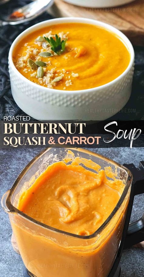 This savory roasted butternut squash and carrot soup recipe is so easy to make and is a great warm creamy soup for the colder months. This healthy roasted butternut squash carrot soup can be made with or without stock and can be served as a starter or a main dish.The butternut squash soup is naturally gluten free, dairy free and vegan friendly. #roasted #butternutsquash #carrot #soup #easy #creamy #healthy #vegan #recipe No Cream Butternut Squash Soup, Simple Butternut Squash Soup Recipes, Roasted Squash And Carrot Soup, Best Butternut Soup Recipe, Butternut Carrot Ginger Soup, Carrot Squash Ginger Soup, Carrot And Butternut Squash Recipe, Carrot And Squash Recipe, Roasted Butternut Squash And Carrot Soup