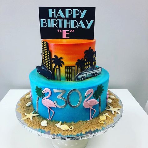 Miami Vice Party Food, Miami Theme Cake, Miami Vice Cake Ideas, Miami Cake Ideas, Miami Vice Party, Hibiscus Cake, Miami Vice Theme, Miami Party, Luxury Birthday