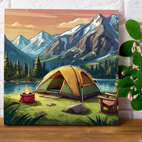 Featuring beautiful green watercolor painting of camping poster. Pretty lush green landscapes, towering mountains, flowing river, and peaceful campsite scenes, it is perfect for adding a touch of outdoor charm to any space. Whether you are a camper or simply love nature, this poster is sure to inspire your next adventure. Watercolor Camping Scene, Camping Painting Ideas, Camping Painting Easy, Camping Paintings, Church Mural, Winter Family Activities, Camping Painting, Camping Poster, Winter Break Activities