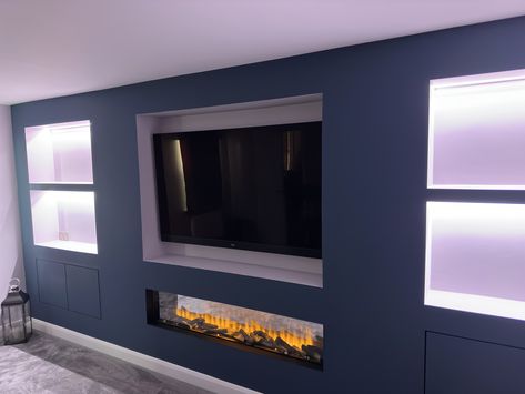 Navy Media Wall Living Room, Dark Media Wall, Blue Media Wall, Lounge Colours, Navy Blue Rooms, Living Room Colour Schemes, Media Walls, Wall Fires, Concealed Storage