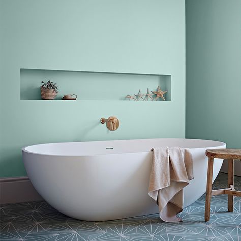 Best Bathroom Paint Colors Small Spaces, Crown Bathroom Paint, Duck Egg Bathroom, Bathroom Color Schemes Small, Crown Bathroom, Duck Egg Blue Bathroom, Small Bathroom Paint Colors, Blue Green Bathrooms, Family Bathrooms