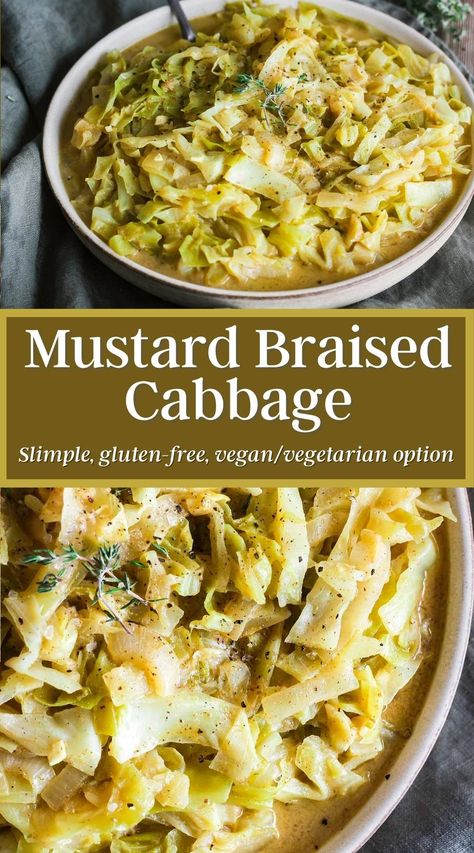 Pile it on a brat or sandwich or serve it as is, this simple mustard braised cabbage is richly flavored and comforting. Naturally gluten-free with vegan and vegetarian options. #mustardbraisedcabbage #braisedcabbage #mustardcabbage #cabbagerecipe #stpatricksdayfood Cabbage Recipes Healthy, Braised Cabbage, Cooked Cabbage, Slaw Recipes, Veggie Side Dishes, Cabbage Recipes, Vegetarian Options, Side Recipes, Veggie Sides