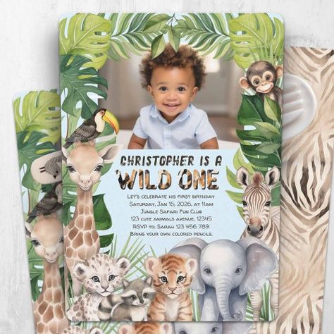 $2.14 | Jungle animals wild one 1st birthday photo - wild one, blue, boy 1st birthday invites, safari themed, zoo animals, watercolor tropical greenery, lion, elephant, one year old, jungle animals photo invitations 1st Birthday Wild One, Safari 1st Birthday, Birthday Twins, 1st Birthday Photo, Twin Photos, Photo Birthday Invitations, Photo Birthday, 1st Birthday Photos, Safari Adventure