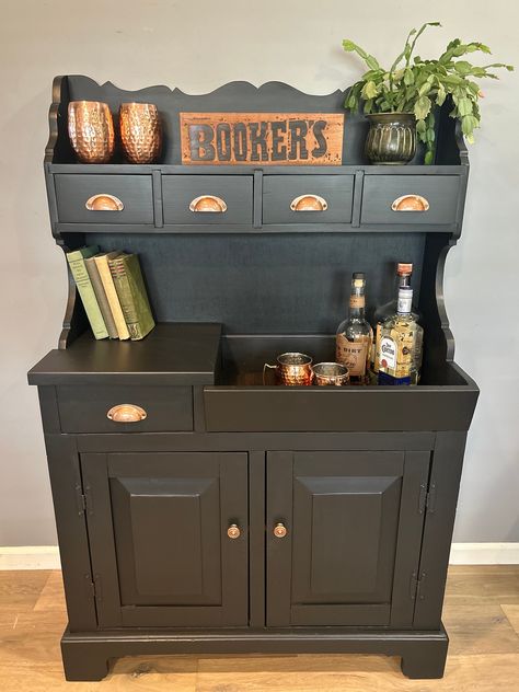 this beautiful pine dry sink has been given a second chance at entertaining! she has been sanded down, cleaned and primed. she wa a painted in Melange One jet black. brand new cup pulls on all 5 drawers. we added a stained piece of wood inside the dry sink area.  this piece can be used for a bar, coffe bar or as an accent piece.  measures 36 wide   55 1/2 tall  15 3/8 deep  My pieces are previously loved and show signs of use. All drawers are working and in good shape. Please keep in mind, items will show their age and will not be perfect even after refinishing.  If any additional pictures or information is needed, please let me Know.  SHIPPING: The price includes free shipping to your destination within 100 miles of my location. If your destination is greater than 100 miles, please send m Vintage Dry Sink Makeover, Refurbished Dry Sink, Refinished Dry Sink, Dry Sink Repurposed, Dry Sink Coffee Bar, Black Dining Room Table Decor, Dry Sink Makeover, Corner Cabinet Makeover, Sink Makeover