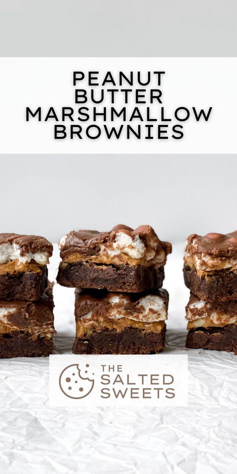 These peanut butter marshmallow brownies are a thick brownie topped with peanut butter, gooey marshmallows and a sweet chocolate frosting. The ultimate dessert. Peanut Butter Mississippi Mud Brownies, Peanut Butter Marshmallow Brownies, Fluffernutter Brownies, Peanut Butter Marshmallow Bars, Marshmallow Dessert Recipes, Peanut Butter Marshmallow Squares, Marshmallow Brownies, Marshmallow Desserts, Peanut Butter Squares