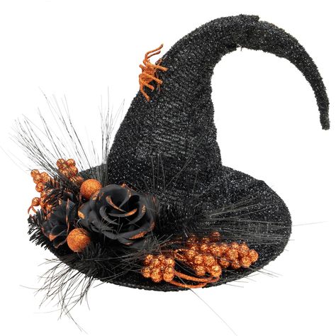 "Find 16\" Black Tinsel Witch's Hat with Orange Glittered Roses Halloween Decoration at Michaels. com. Add an elegant touch to your holiday décor with this unique witch's hat decoration. Add an elegant touch to your holiday decor with this unique witch's hat decoration. The sparkly tinsel hat is embellished with glittery gold roses berries and a spider. This whimsical yet classy piece is perfect for the curated home. Ideal for mantles and tables. Details: Black 16\" x 15\" x 14\" Black tinsel wi Witches Night Out, Skeleton Wreath, Black Witch Hat, Halloween Witch Decorations, Mesh Wreath Diy, Curated Home, Halloween Headband, Holiday Hats, Hat Decoration