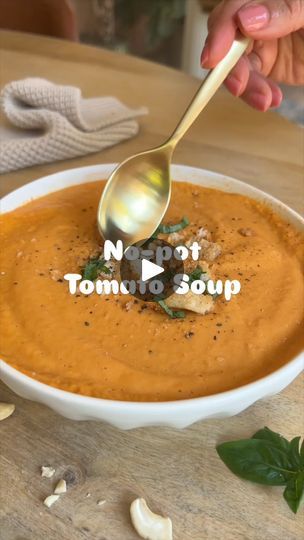 311K views · 3.4K reactions | No-pot 🍅🧄 ROASTED TOMATO SOUP 

Ingredients:
6 tomatoes 
2 small/medium zucchini
one small onion
one garlic bulb 
½ cup raw cashews 
one bullion cube
extra virgin olive oil 
salt and pepper to taste
fresh basil

1- Place all the veggies on a parchment-lined baking sheet. Spray with EVOO. Bake at 380F for about 30 minutes. 
2- Blend right out of the oven with the bouillon cube and salt to your taste, and serve immediately with croutons, cashew cream, and pepper!

#tomatosoup #roastedtomatosoup #sheetpandinner #sheetpanmeals #quickmeals #plantbasedrecipes | Tomatoes With Lemon Fried Pork Tenderloin, Soup Maker Recipes, Sheet Spray, Thanksgiving Food Sides, Roasted Tomato Soup, Soup Maker, Cooking Soup, Cashew Cream, Tomato Soup Recipes