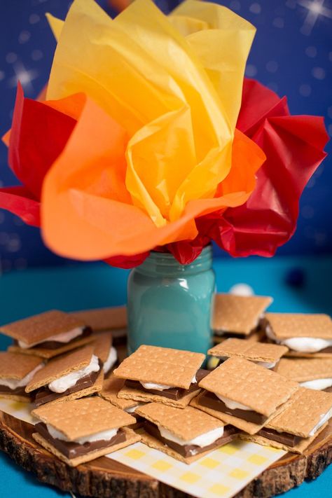 Campfire Theme Party Decorations, Camp Fire Decorations, Campfire Theme Birthday Party, Diy Camping Birthday Decorations, S’mores Birthday Party Decorations, S’mores Party Decorations, Flame Themed Party, Diy Campfire Prop, S’mores Birthday Party Ideas