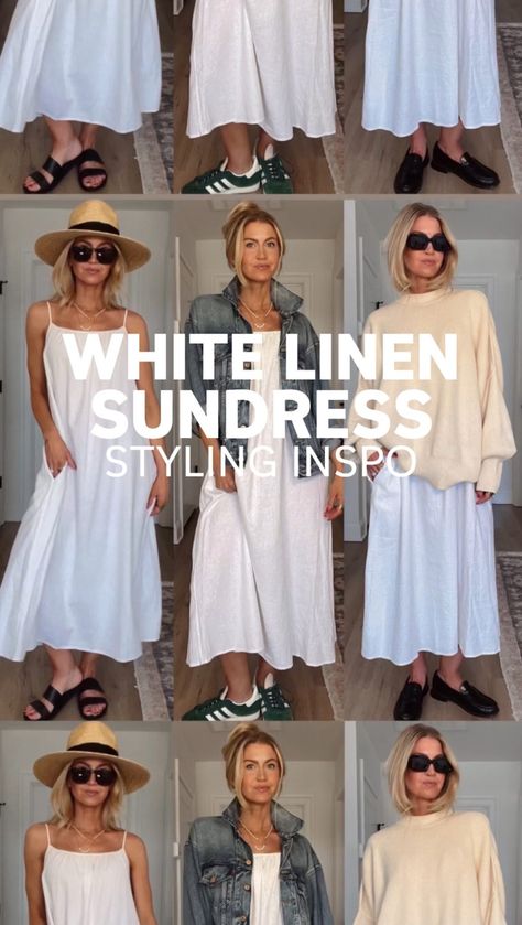 WHITE LINEN DRESS STYLING INSPO - Lifestyle Blog by Leanne Barlow Linen Dress Styling, Linen Beach Outfits, White Summer Dress Outfit, Button Up Layering, Wide Leg Denim Outfit, Linen Dress Outfit, Leanne Barlow, Dress Styling, White Linen Dress