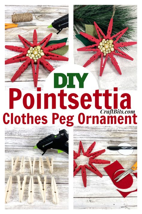 Poinsettia Ornaments, Clothes Pin Ornaments, Christmas Clothespin, Clothespin Ornaments, Clothespin Crafts Christmas, Clothespin Diy Crafts, Diy Garlands, Wooden Clothespin Crafts, Clothespin Art