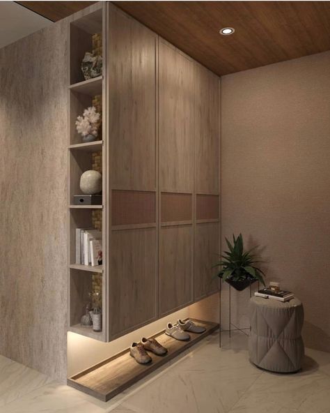 Wabi Sabi Entrance Foyer, Shoe Cabinet Design, Wabi Sabi Interior Design, Interior Design Instagram, Wabi Sabi Interior, Entrance Furniture, Home Hall Design, Wardrobe Interior Design, Door Entrance