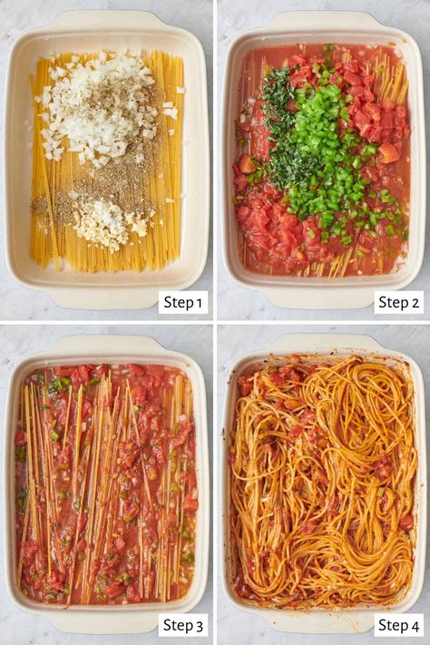 Easy Cheesy Spaghetti, Baked Spaghetti With Vegetables, Oven Cooked Pasta Dishes, Dry Pasta Bake, Spaghetti No Meat Recipes, No Boil Spaghetti Bake, Spaghetti Add Ins, Family Spaghetti Dinner, Cooking Pasta In Oven